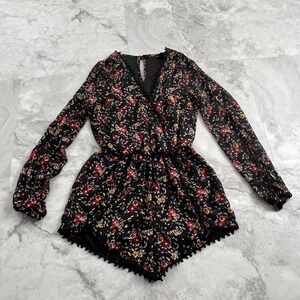 Material‎ Girl Size Small Black and Floral Chiffon Romper Vneck Short Jumpsuit